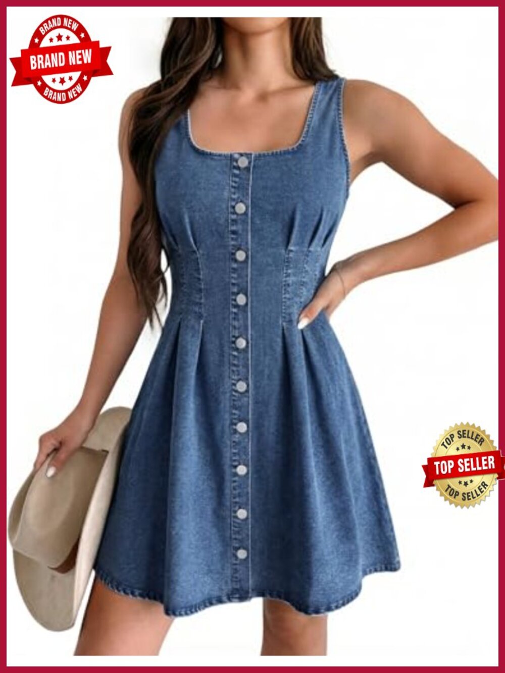 Women's Sleeveless Square Neck Denim Mini Dress Cinched Waist Babydoll